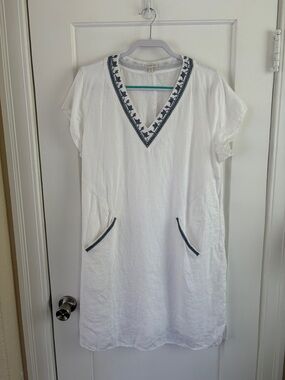 Garnet Hill, white linen midi dress with blue embroidery